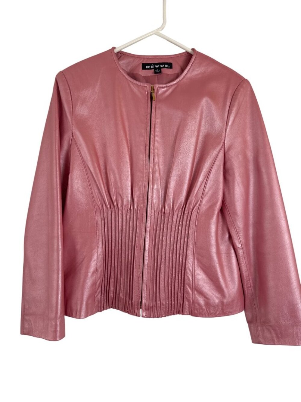 Revue Womens Pink Lamb Leather Jacket With Pleated Waist & Zip Closure Size M
